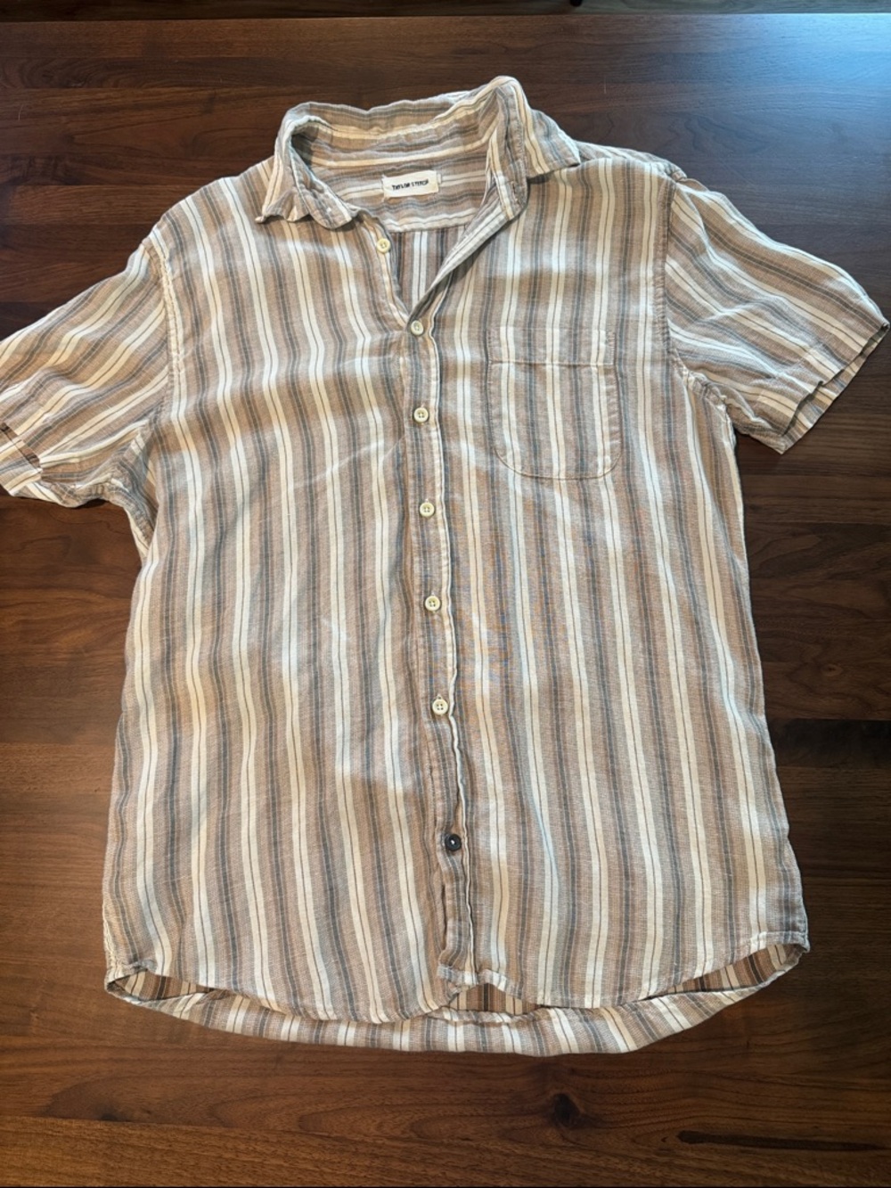 Men's Short-Sleeve Striped Button-Up Shirt - Beige/Blue